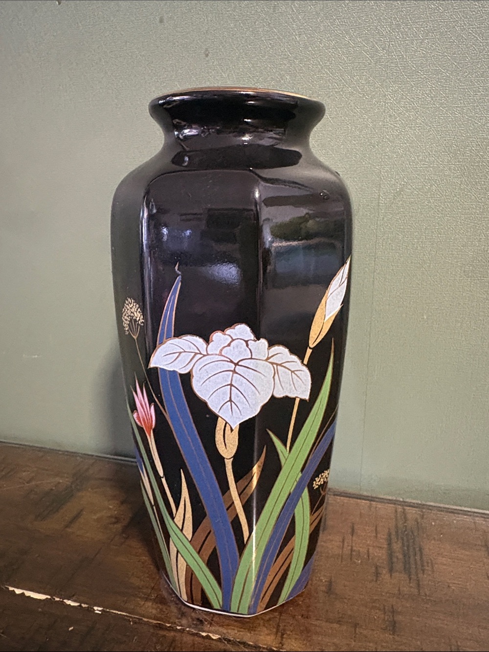 Vintage National Silver Co Japanese Porcelain Octagon Iris Vase Black & Gold